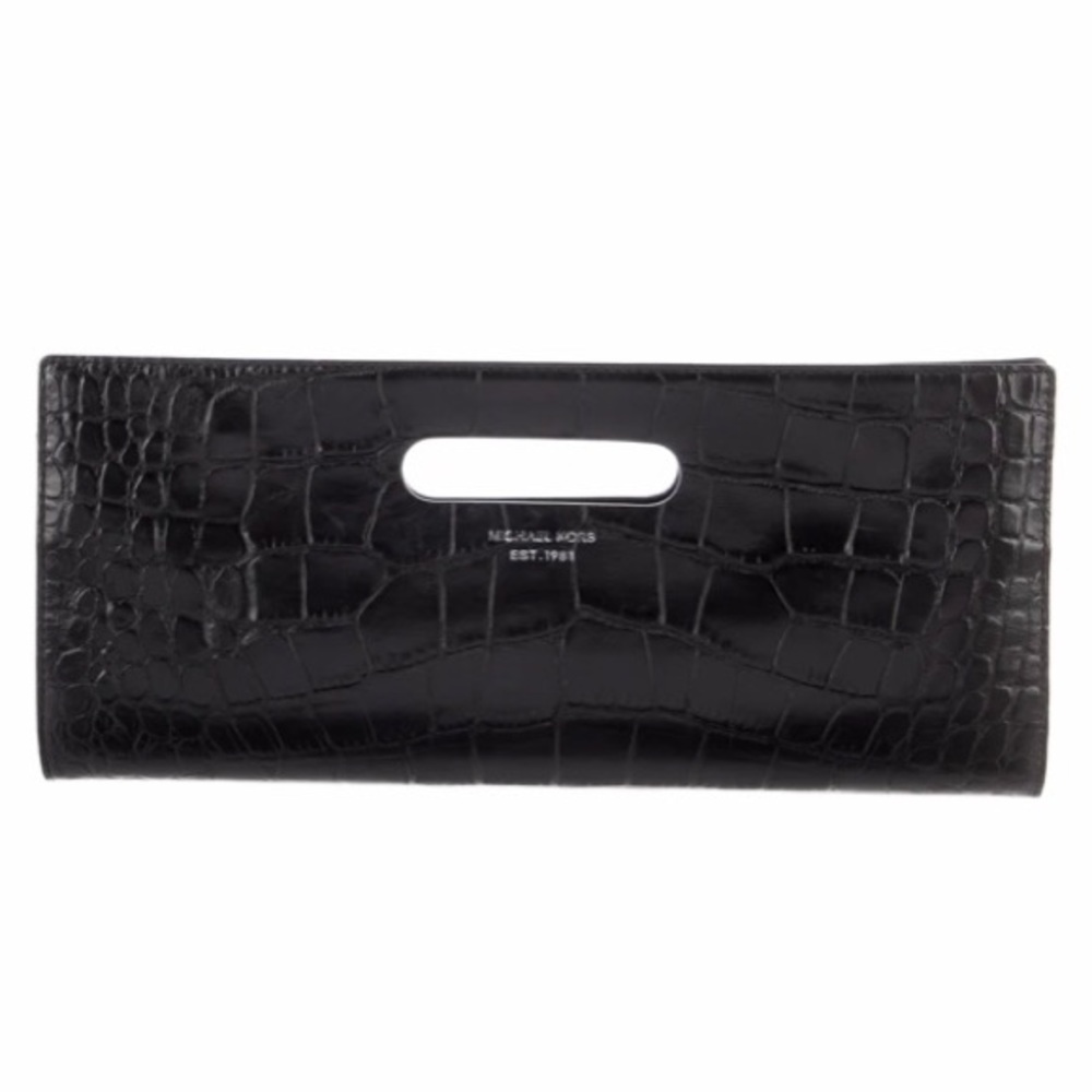 Brand New Michael Kors Black Tilda Crocodile Embossed Leather Clutch